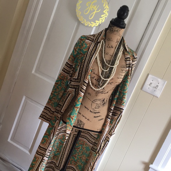RARE • FORVER 21 • Gorgeous Baroque Maxi Coat Duster Green, Gold, Black & White - Picture 14 of 16